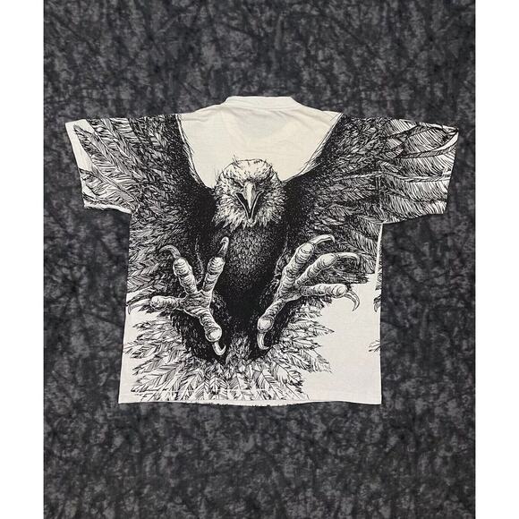 Vintage Bald Eagle Single Stitch All Over Print T-Shirt AOP XLarge Black White - Picture 5 of 11